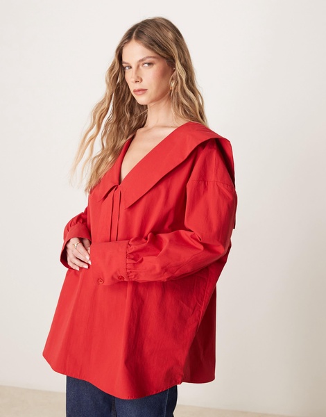 ASOS DESIGN poplin oversized tie front collar blouse in red