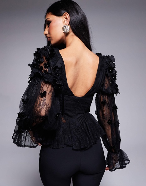 ASOS LUXE mesh floral off the shoulder long sleeve top with velvet flowers and pearl embellishment in black