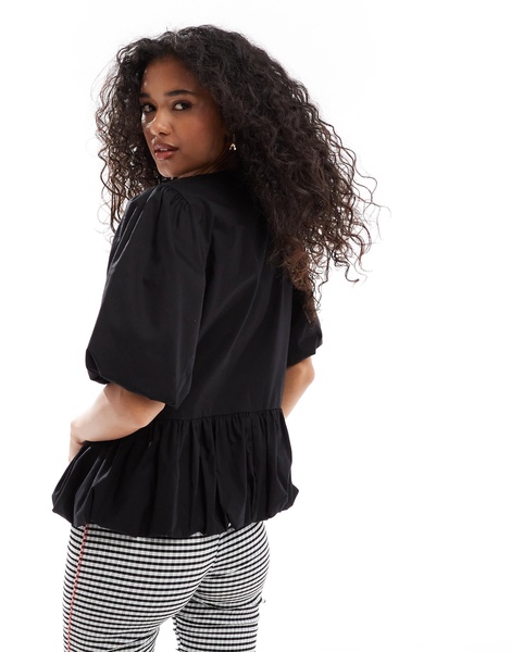 ASOS DESIGN cotton puff sleeve peplum top in black