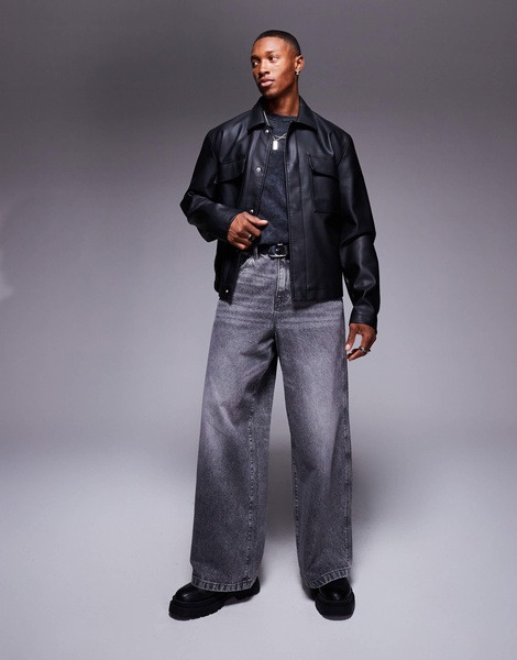 ASOS DESIGN faux leather oversized crop harrington jacket with pockets in black