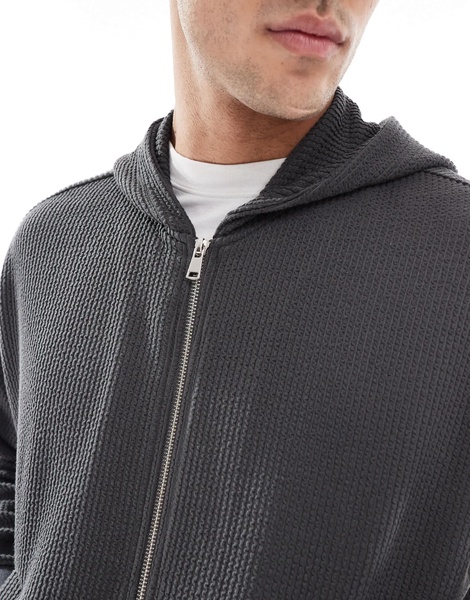 Bershka boxy crop seersucker hoodie in gray - part of a set