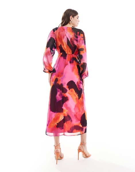 ASOS DESIGN sheer knot front midi dress in abstract pink print