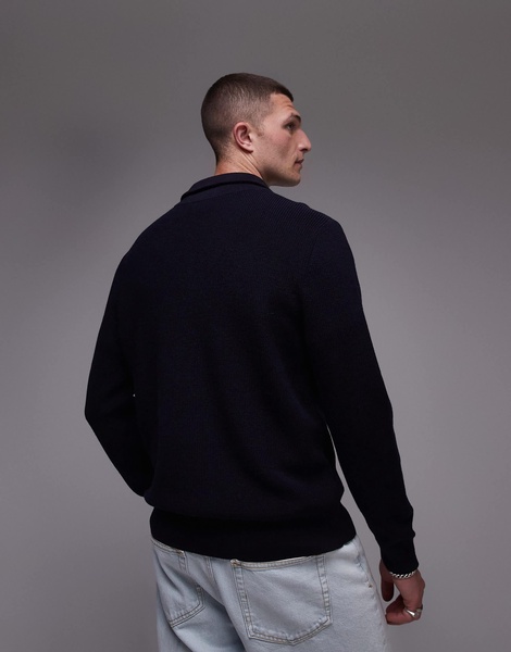 ARKET wool blend chunky ribbed sweater with half zip funnel neck in blue