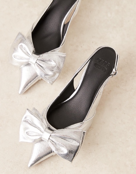 ASOS DESIGN Wide Fit Secret bow slingback kitten heeled shoes in silver