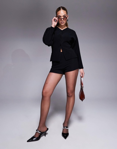 ASOS DESIGN ribbed balloon sleeve structured button up top in black - part of a set