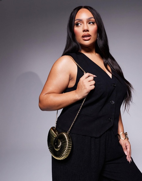 ASOS DESIGN round ammonite shell clutch bag with crossbody chain strap in gold