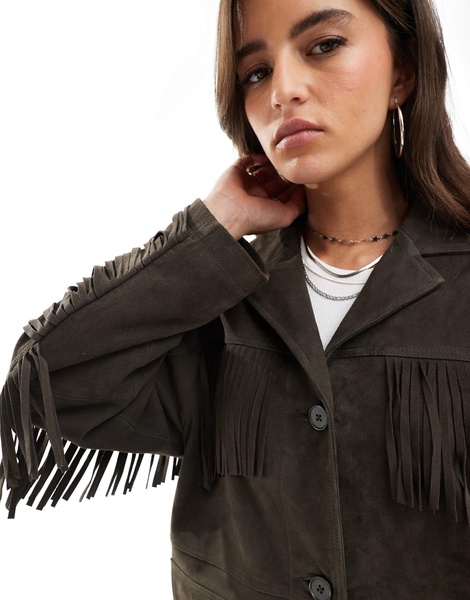ASOS DESIGN premium suede tassel jacket in dark chocolate