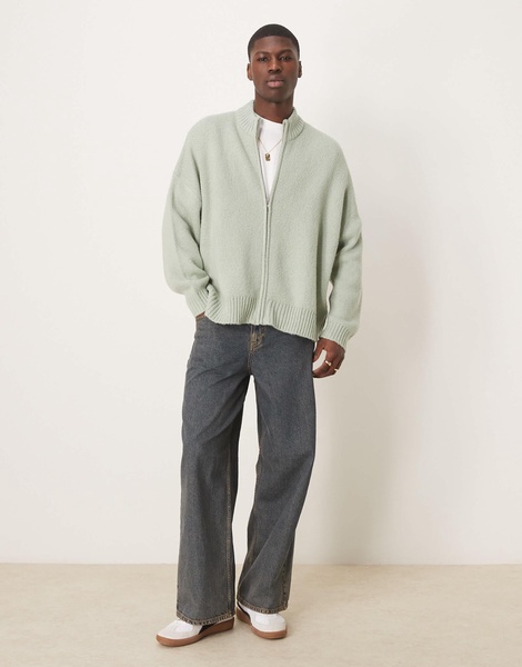 ASOS DESIGN super oversized boxy fit brushed knit zip through cardigan in sage green