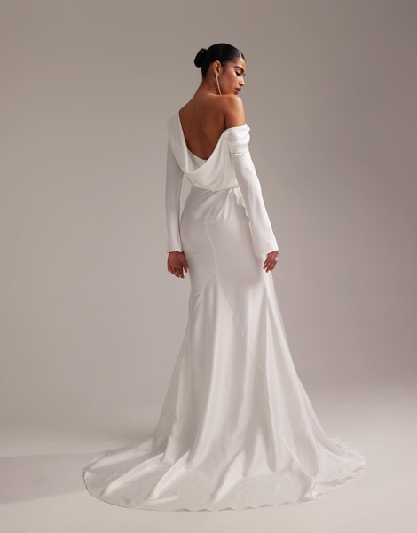 ASOS DESIGN draped one shoulder satin wedding maxi dress in white