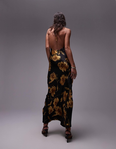 Topshop halter neck maxi bias in print in black and gold rose