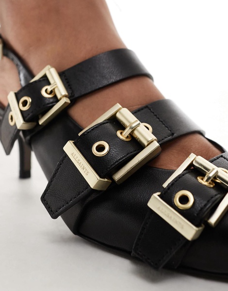 AllSaints Grace buckle sling back leather kitten heel shoes in black