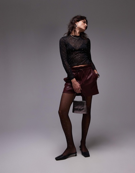 Mango embellished mesh long sleeve top in black