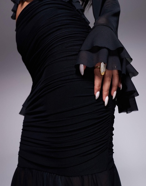 AFRM Pru high neck mesh ruched skirt in black - part of a set