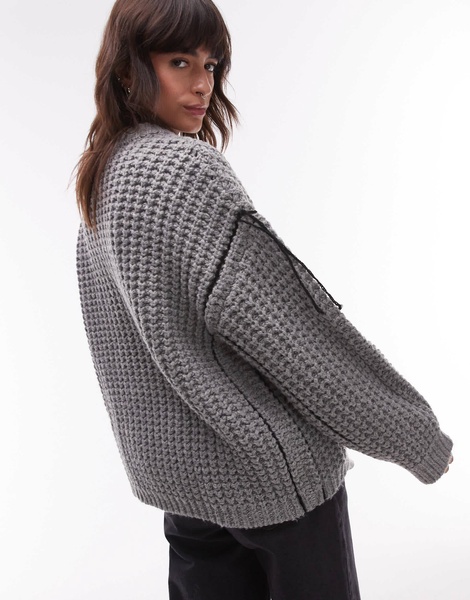 Topshop knit half cardi exposed seam crew neck oversized sweater in gray