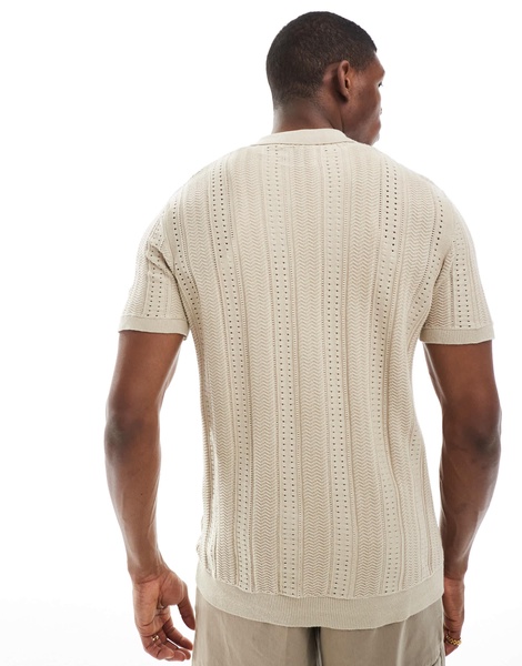 Brave Soul knit button through polo shirt in beige