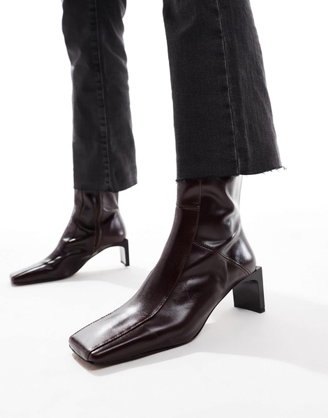 ASOS DESIGN Raine premium square toe mid-heel boots in burgundy leather