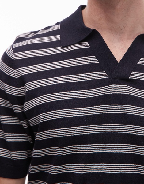 ARKET cotton linen knitted shirt sleeve polo shirt in stripes