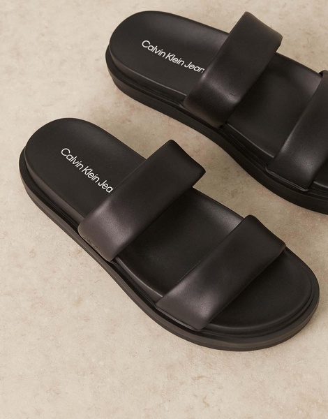 Calvin Klein Jeans leather double strap slide sandals in black
