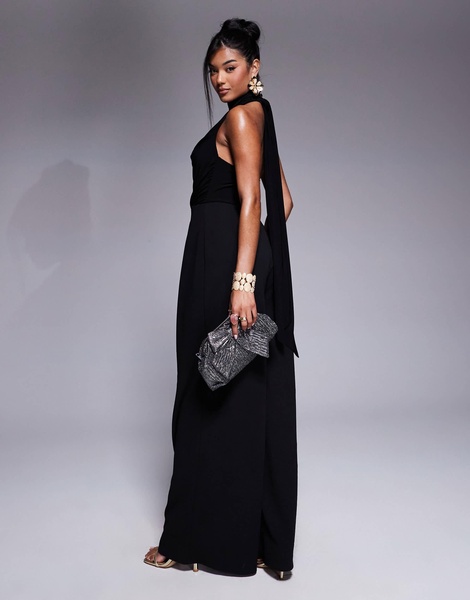 ASOS DESIGN fabric mix wide leg jumpsuit with tie cowl neck in black