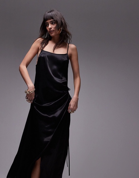 Topshop premium square neck wrap midi slip in black
