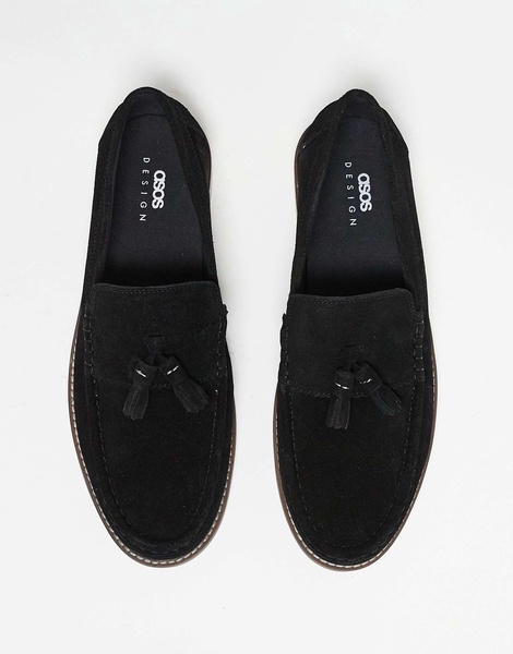 ASOS DESIGN tassel loafers in black suede with natural sole