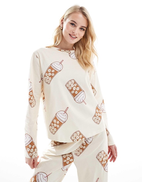 ASOS DESIGN Tall Iced coffee long sleeve top and pants pajama set in beige