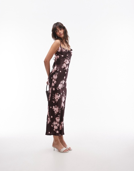 Topshop cowl slip midi dress in burgundy floral print