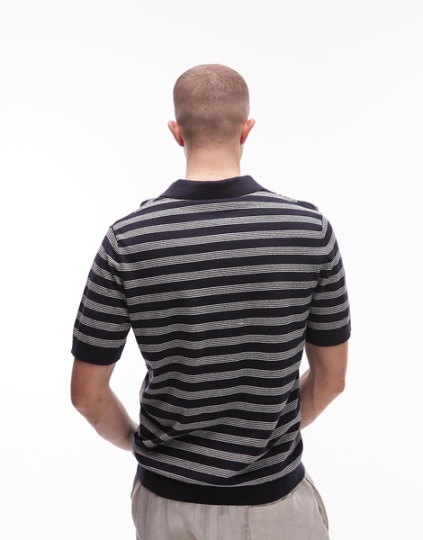 ARKET cotton linen knitted shirt sleeve polo shirt in stripes