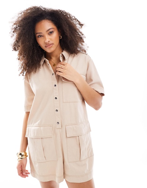 ASOS DESIGN pocket detail utility romper in stone