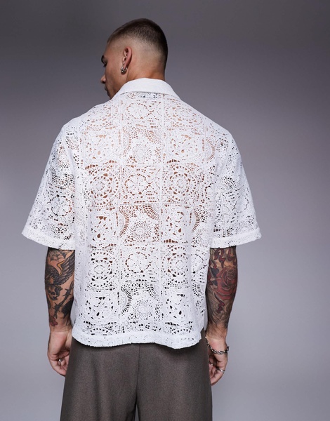 ASOS DESIGN premium boxy camp collar shirt in white lace