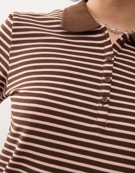 Monki long sleeved pique polo in pink and chocolate brown stripe