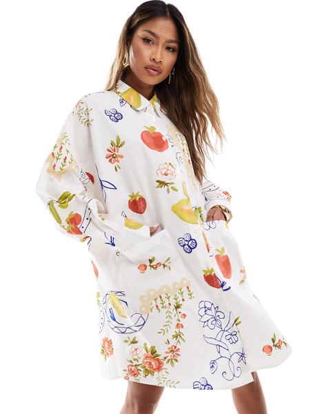 ASOS DESIGN oversized shirt dress with dropped pockets in postcard print
