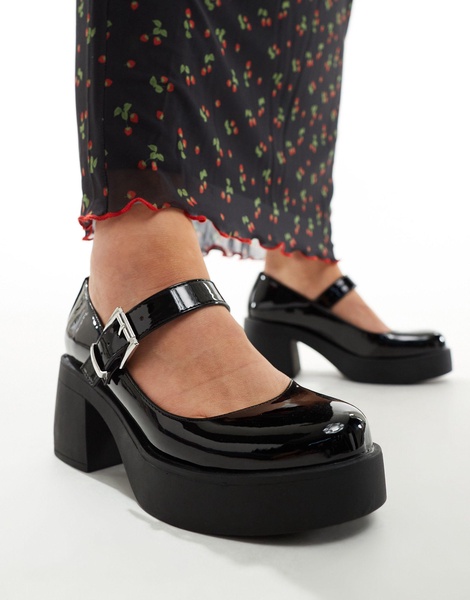 ASOS DESIGN Wide Fit Sebastian chunky mary jane heeled shoes in black patent