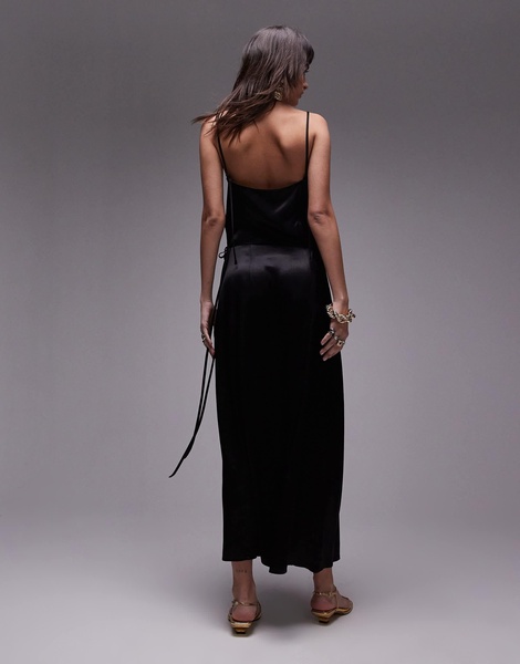 Topshop premium square neck wrap midi slip in black