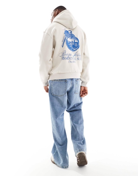 Bershka back graphic Hotel Llaves hoodie in ecru