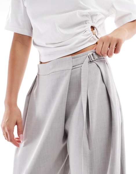 Bershka high waisted tie detail wide leg tailored pants in gray
