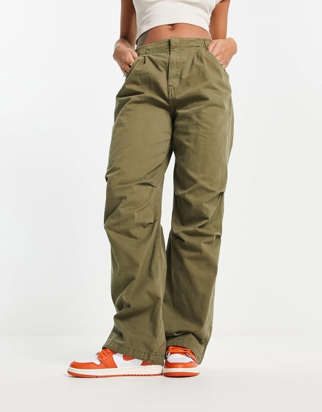 Bershka baggy parachute tech pants in khaki