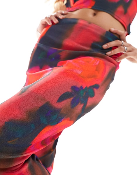 ASOS DESIGN mesh midi skirt with blurred floral print in red - part of a set