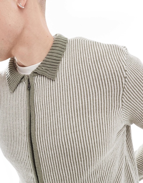 Another Influence textured pinstripe zip through cardigan in khaki