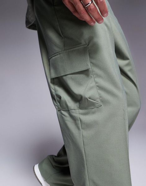 ASOS DESIGN wide leg smart pants in green with cargo pockets