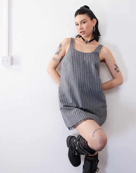 Reclaimed Vintage tailored trapeze pinafore dress with lace trim