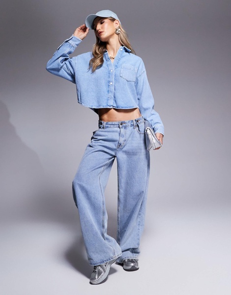River Island crop denim shirt in light wash blue