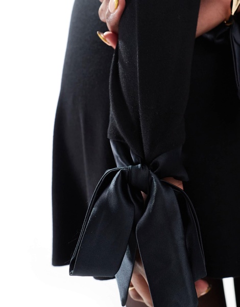 Miss Selfridge satin bow detail high neck flare dress in black