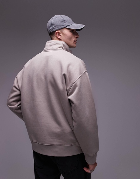 Topman premium heavyweight oversized quarter zip sweatshirt in stone