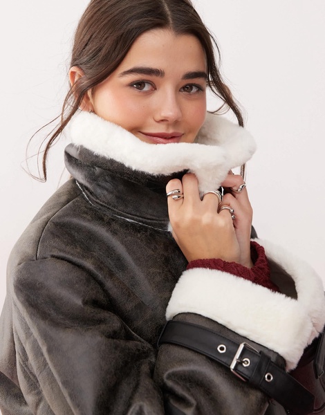 Miss Selfridge distressed faux leather contrast aviator jacket in black