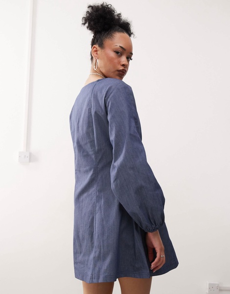 Reclaimed Vintage mini dress with balloon sleeves in blue denim look