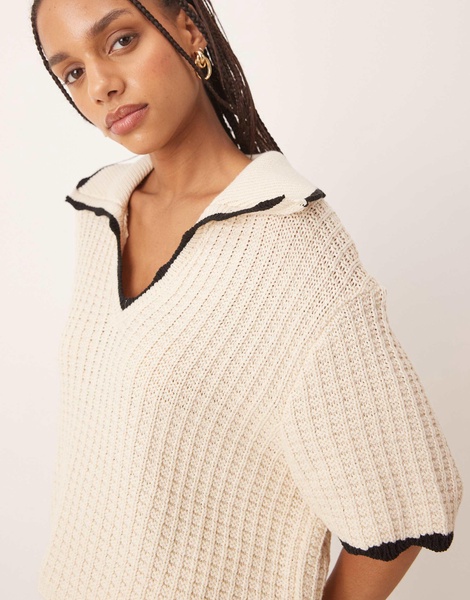ASOS DESIGN knit polo shirt with tipping detail in stone - part of a set