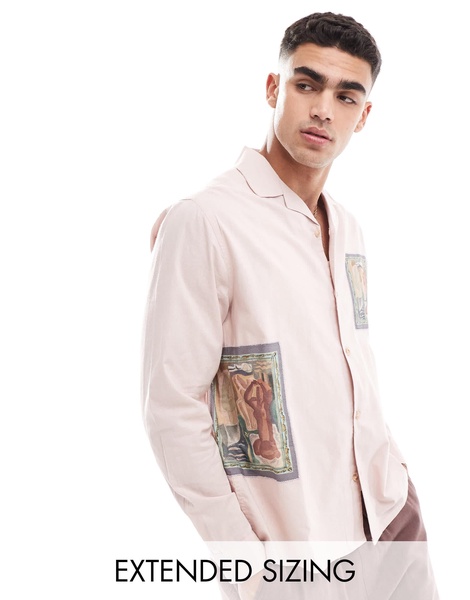 ASOS DESIGN relaxed revere shirt with print and applique in pink