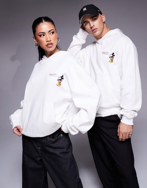 ASOS DESIGN Disney unisex oversized hoodie with Mickey print in off-white