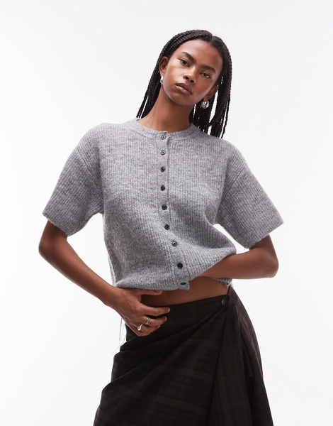 Topshop knitted half sleeve cardi in gray